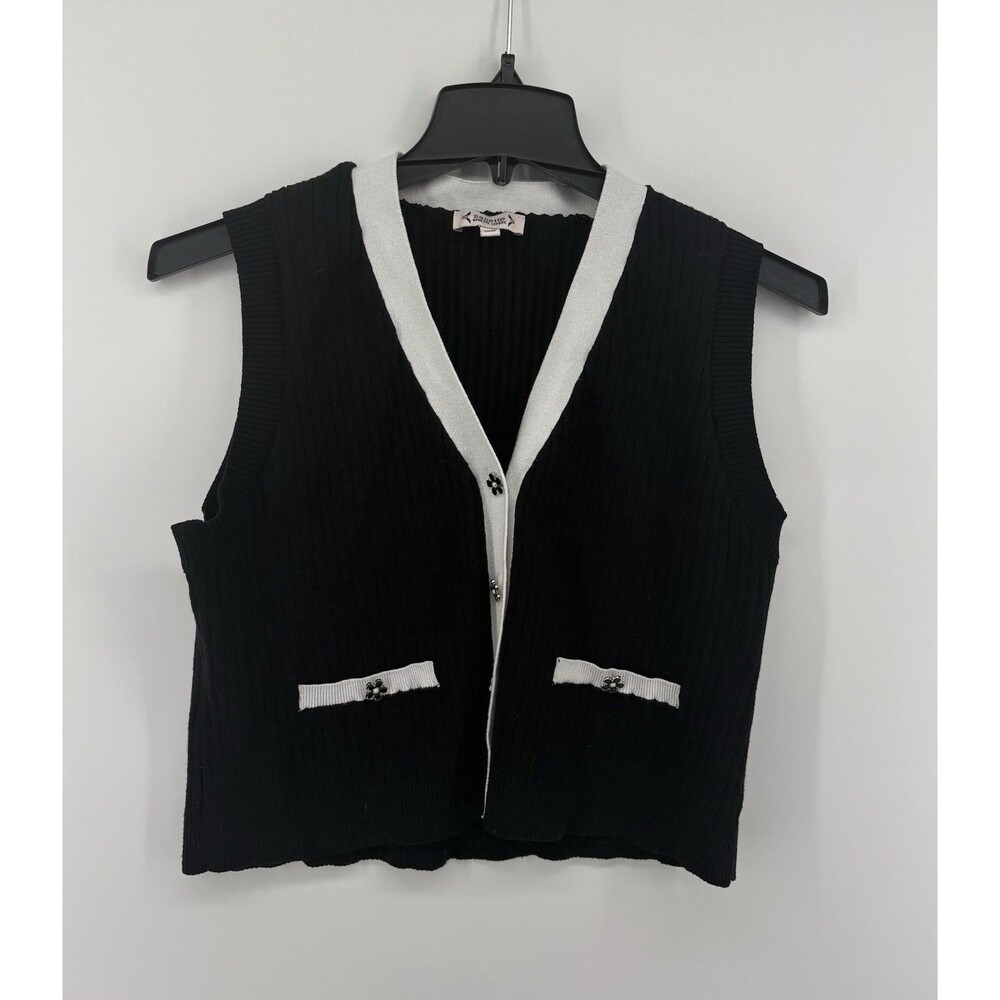 Nanette Lepore Black and White 90s Style Sweater Vest Ribbed With Flower Buttons